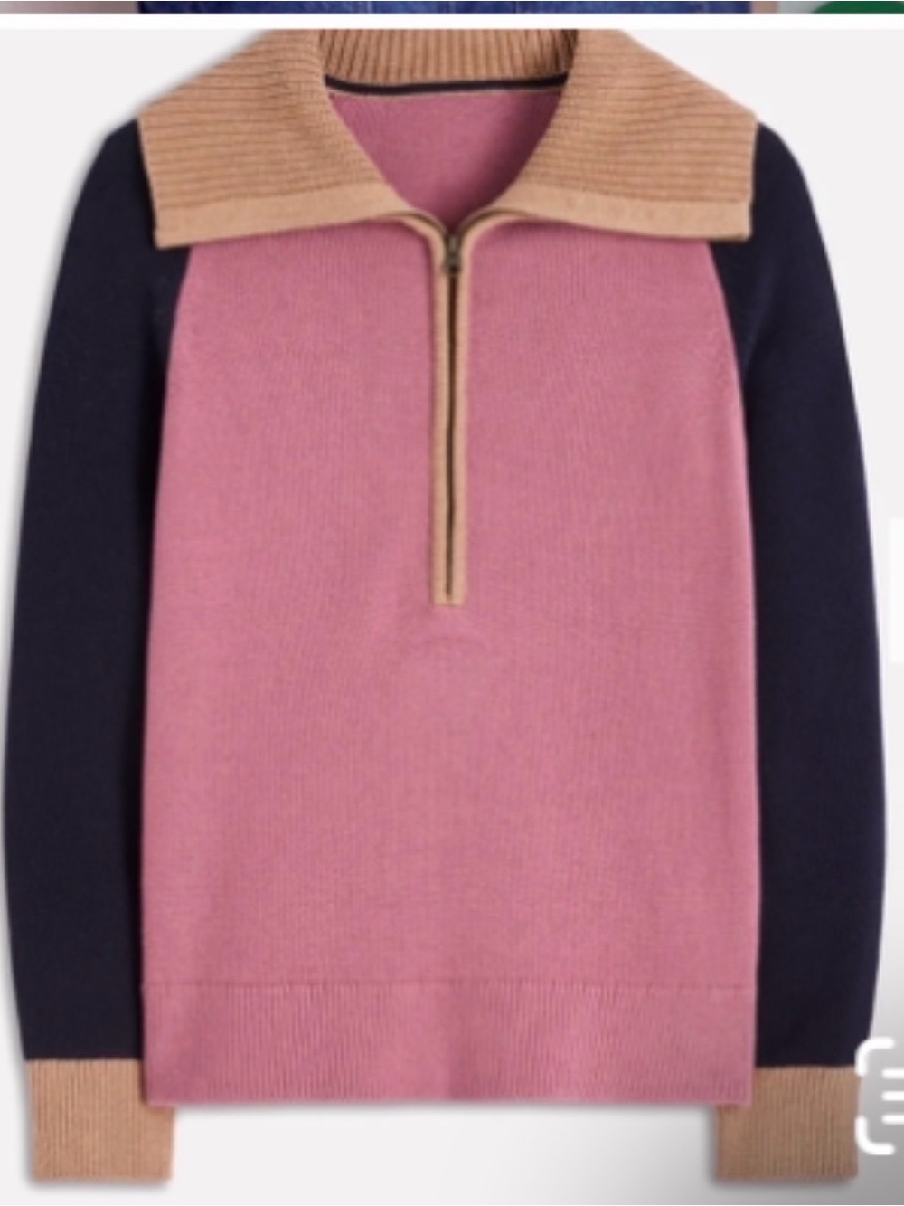 Boden sweater NWT M half zip sweater. Pink/navy/tan, cotton, Current! - Picture 6 of 12